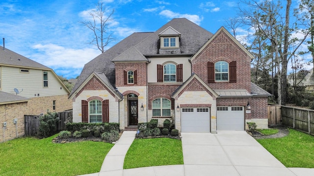 view of front facade featuring brick siding, fence, a garage, driveway, and a front lawn