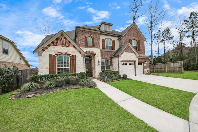 view of front of property featuring concrete driveway, brick siding, fence, and a front lawn