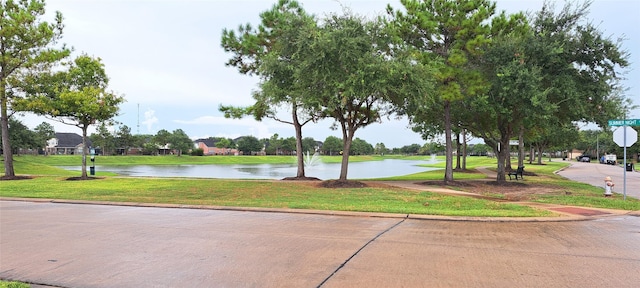 view of home's community with a yard and a water view