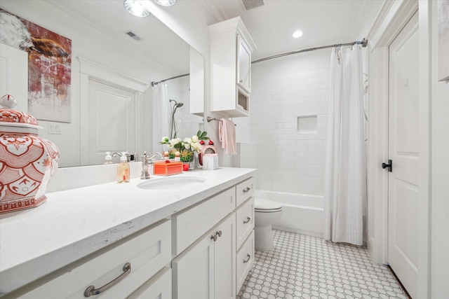 full bath featuring shower / bathtub combination with curtain, visible vents, vanity, and toilet