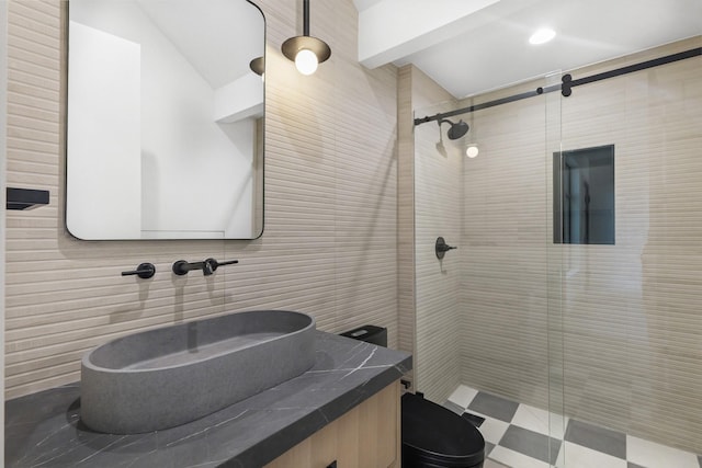 1225 Althea Dr, Houston, TX 77018 - bathroom featuring tile walls, a shower stall, vanity, and toilet
