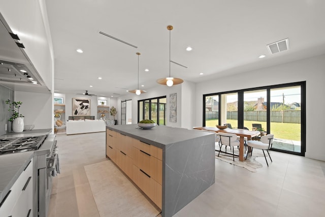 1225 Althea Dr, Houston, TX 77018 - kitchen featuring modern cabinets, a kitchen island, recessed lighting, under cabinet range hood, and open floor plan