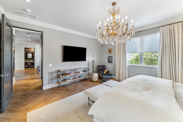 bedroom featuring baseboards, crown molding, visible vents, and recessed lighting