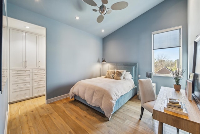 bedroom featuring baseboards, a ceiling fan, lofted ceiling, light wood-style floors, and recessed lighting