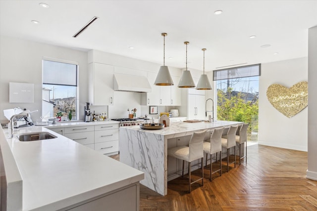 kitchen with modern cabinets, a sink, white cabinets, and custom range hood