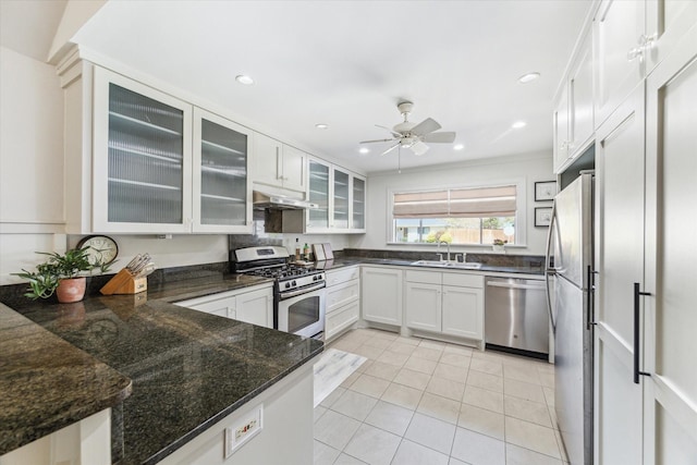 kitchen featuring light tile patterned flooring, under cabinet range hood, a sink, a ceiling fan, and appliances with stainless steel finishes