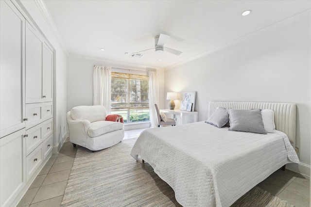 bedroom featuring ornamental molding, recessed lighting, visible vents, and a ceiling fan