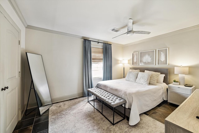 bedroom with baseboards, visible vents, ceiling fan, and crown molding