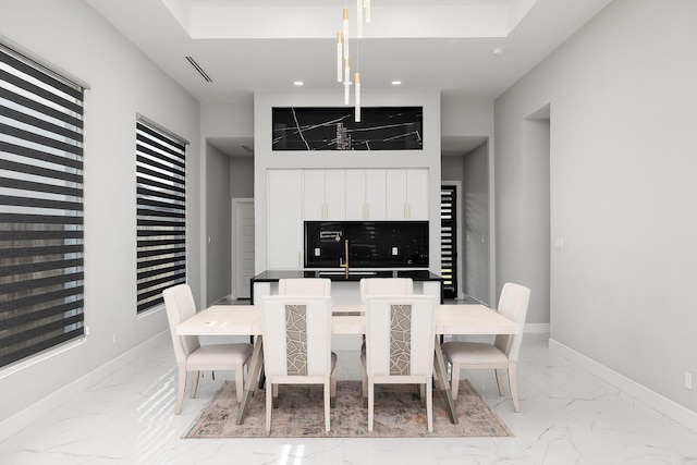 dining area featuring marble finish floor, visible vents, baseboards, and recessed lighting