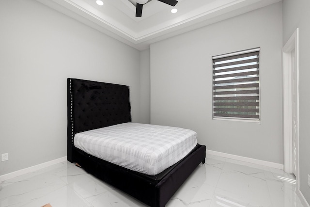 bedroom featuring marble finish floor, recessed lighting, a ceiling fan, and baseboards