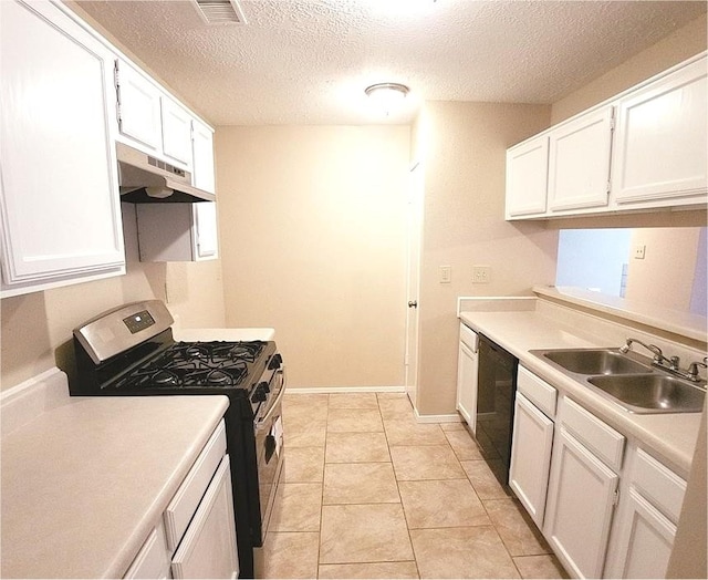 kitchen with stainless steel gas stove, a sink, white cabinetry, dishwasher, and under cabinet range hood