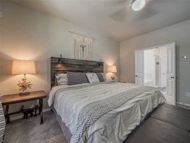 bedroom featuring vaulted ceiling, carpet, baseboards, and ceiling fan