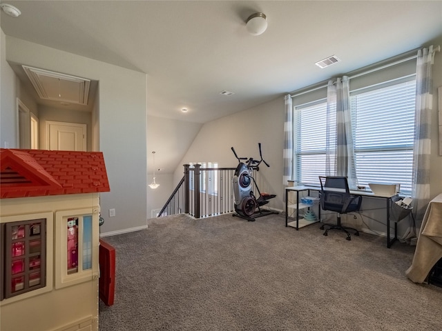 office featuring attic access, baseboards, visible vents, and carpet floors