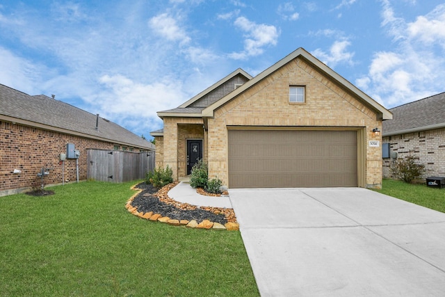 view of front facade with a garage, driveway, brick siding, and a front lawn