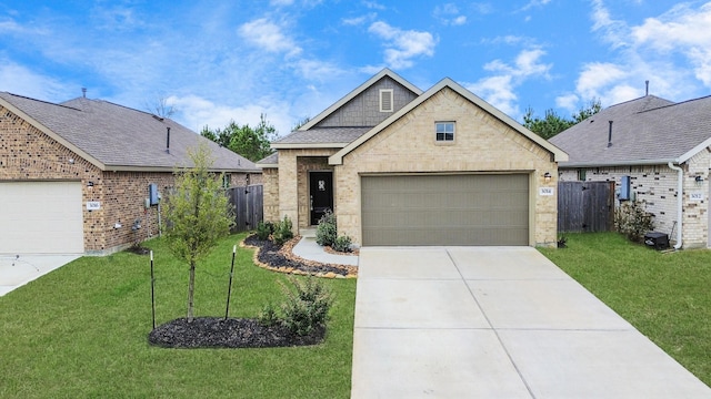 view of front of home featuring brick siding, a front yard, and fence