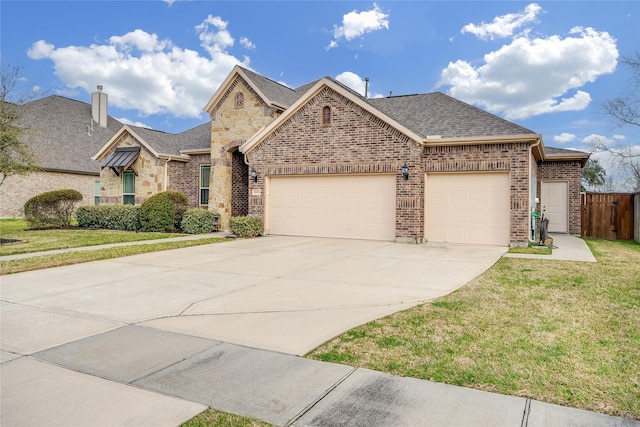 view of front of property with a front yard, concrete driveway, brick siding, and an attached garage