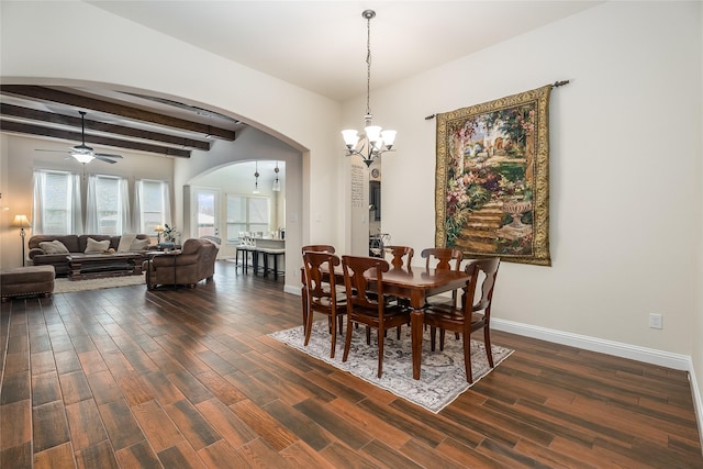 dining area featuring arched walkways, dark wood-style floors, beam ceiling, and baseboards