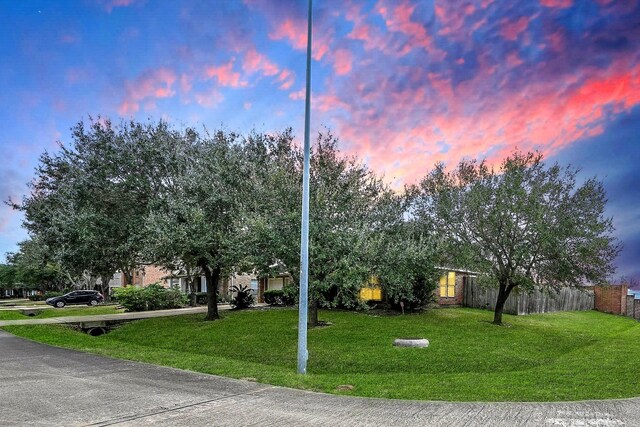 view of property hidden behind natural elements featuring driveway, fence, and a front yard