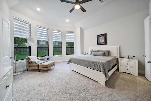 bedroom featuring baseboards, visible vents, carpet flooring, and recessed lighting