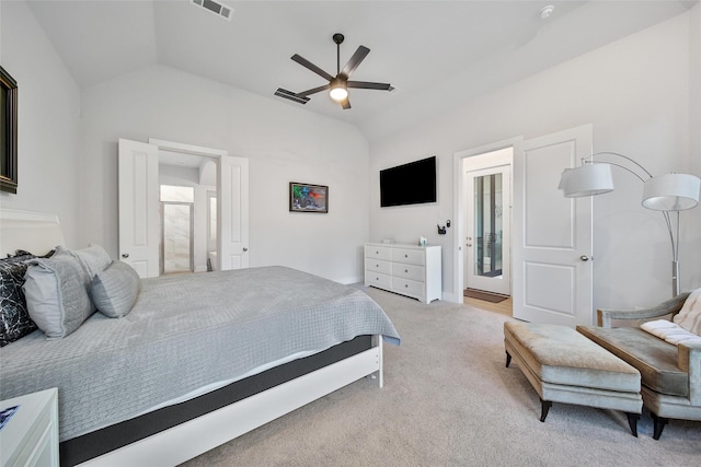 bedroom with a ceiling fan, lofted ceiling, visible vents, and light carpet