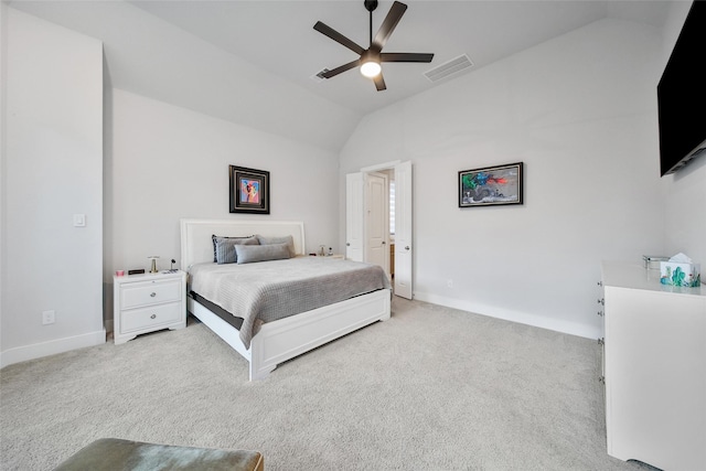 bedroom with visible vents, a ceiling fan, light carpet, vaulted ceiling, and baseboards