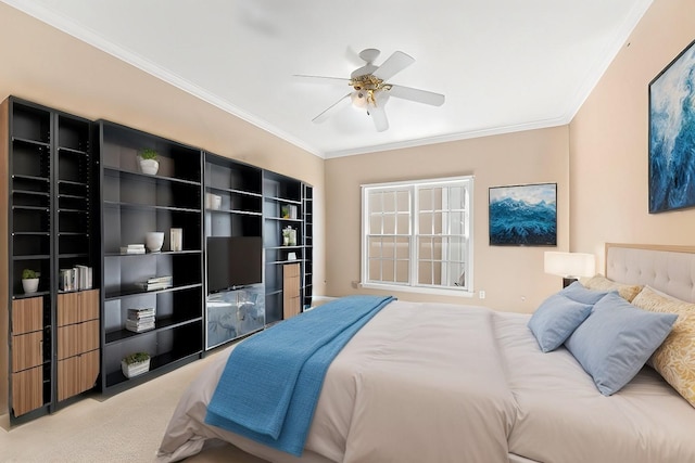 bedroom with light carpet, ceiling fan, and ornamental molding