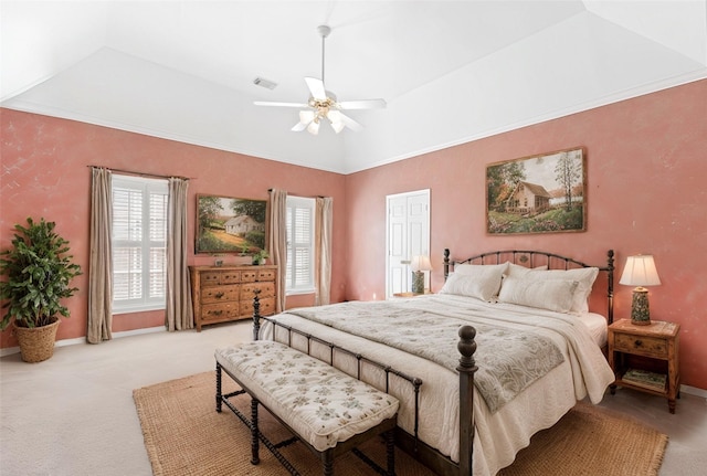 bedroom with carpet, visible vents, ceiling fan, and baseboards