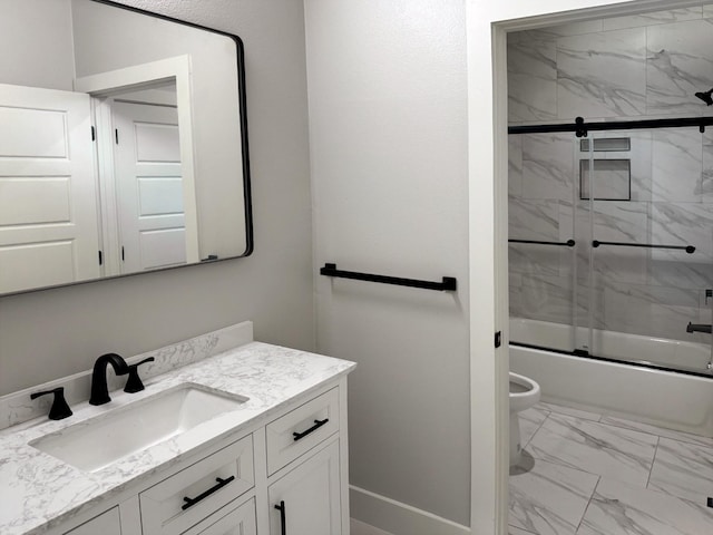 full bath featuring marble finish floor, combined bath / shower with glass door, vanity, and toilet