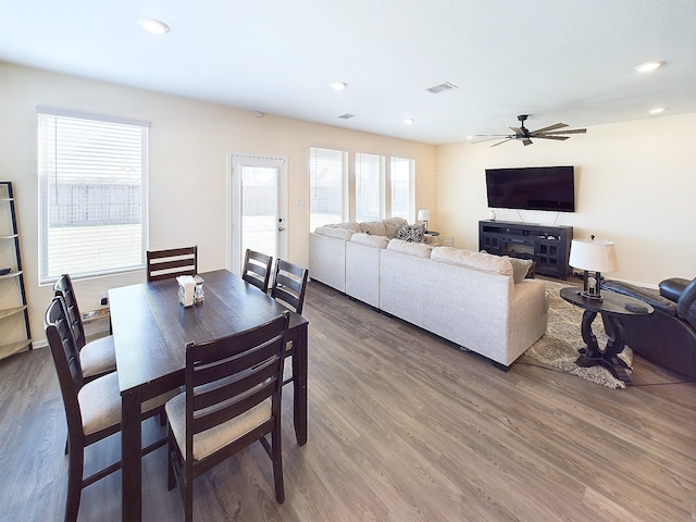 dining area featuring recessed lighting, visible vents, ceiling fan, and wood finished floors