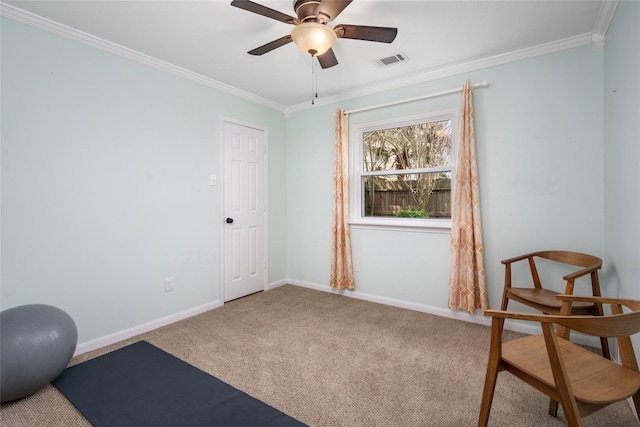 interior space with carpet floors, visible vents, ornamental molding, and baseboards