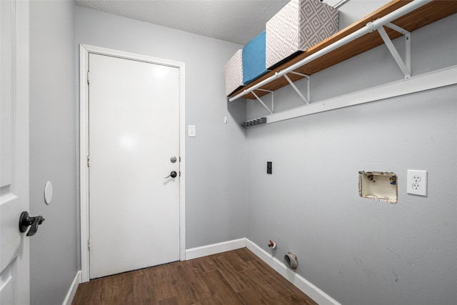 clothes washing area featuring hookup for a washing machine, laundry area, wood finished floors, baseboards, and electric dryer hookup