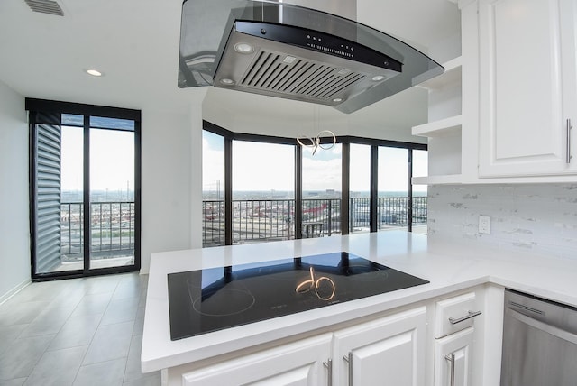 kitchen featuring extractor fan, black electric cooktop, dishwasher, open shelves, and tasteful backsplash