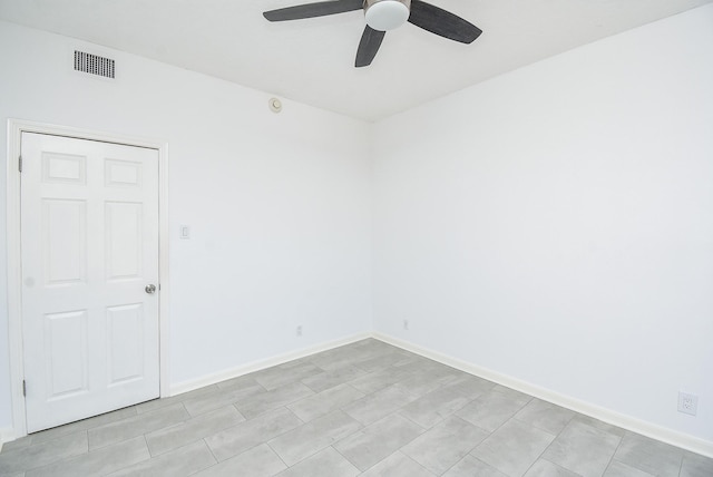 unfurnished room featuring ceiling fan, visible vents, and baseboards