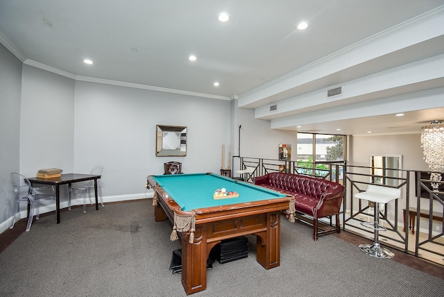 rec room featuring recessed lighting, visible vents, crown molding, and baseboards