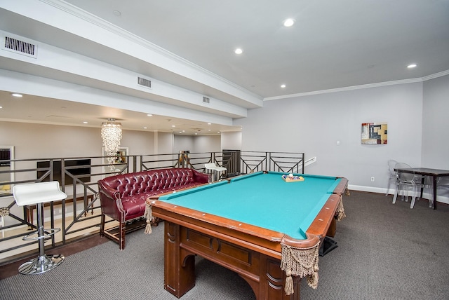 recreation room featuring recessed lighting, visible vents, and crown molding