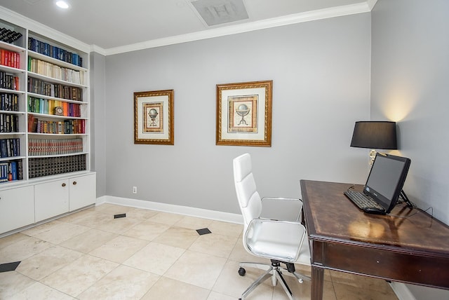 office with built in shelves, light tile patterned flooring, visible vents, and crown molding