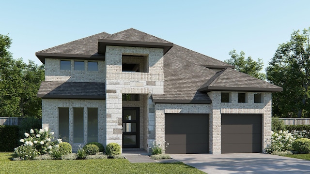 french country inspired facade with a garage, stone siding, concrete driveway, and brick siding