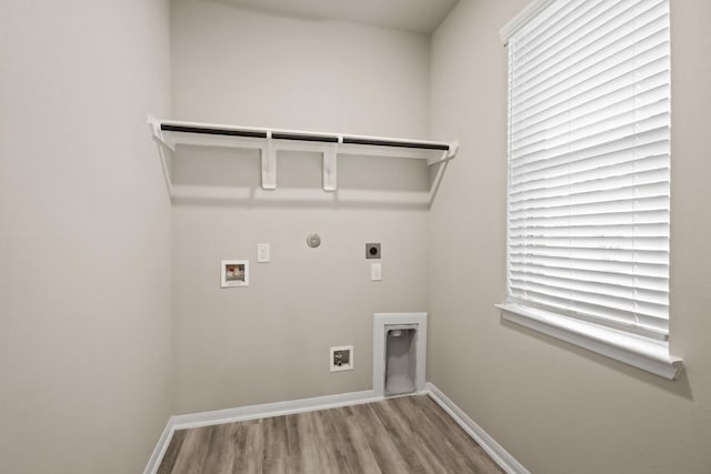 18798 Lucas Michael Way, New Caney, TX 77357 - laundry area featuring electric dryer hookup, wood finished floors, washer hookup, baseboards, and hookup for a gas dryer