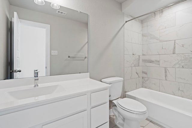 bathroom featuring marble finish floor, visible vents, toilet, tub / shower combination, and vanity