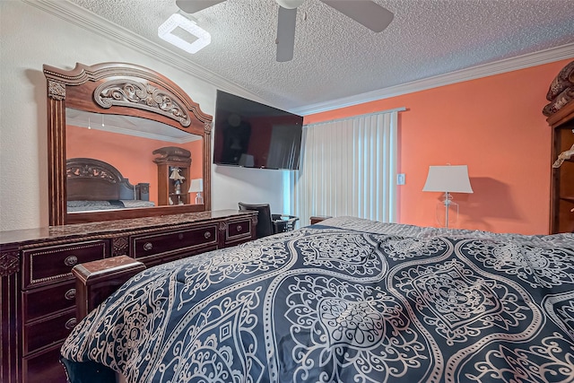 bedroom featuring a ceiling fan, crown molding, and a textured ceiling