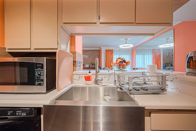 kitchen with a sink, stainless steel microwave, light countertops, and dishwasher