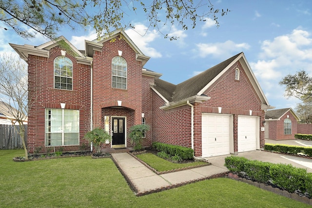 traditional home with an attached garage, brick siding, fence, driveway, and a front yard