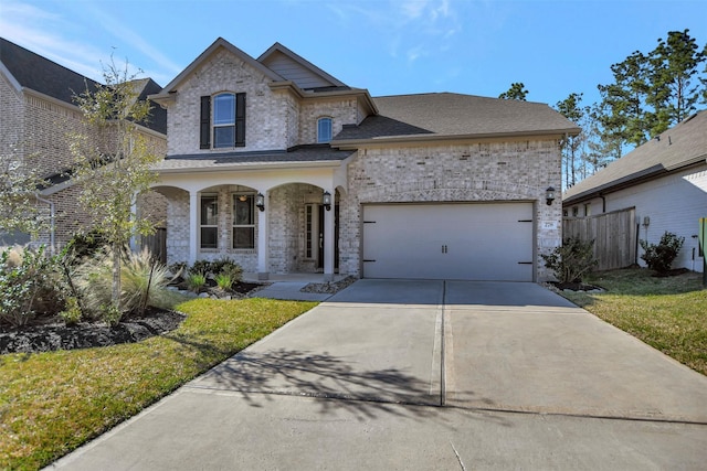 view of front of house featuring a garage, brick siding, concrete driveway, fence, and a front yard