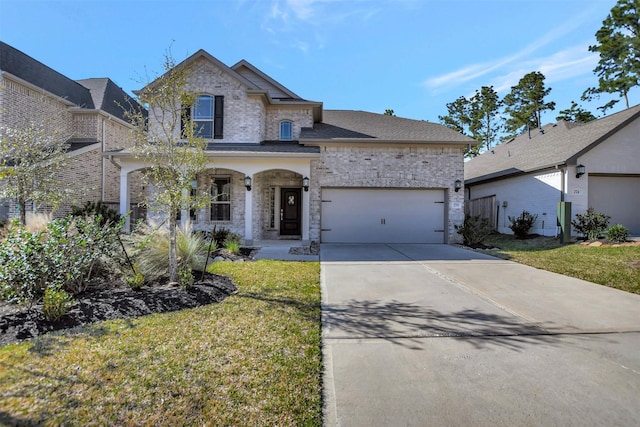 view of front facade with an attached garage, concrete driveway, brick siding, and a front yard