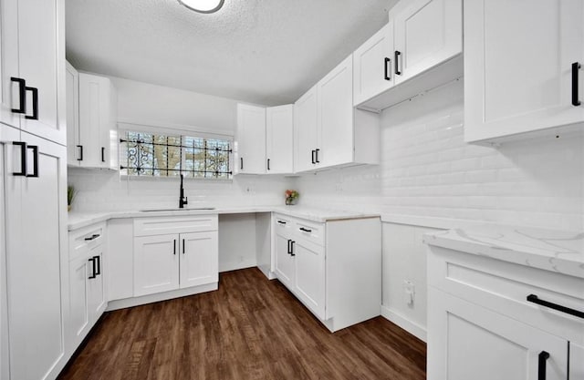 kitchen with dark wood-style floors, tasteful backsplash, light stone counters, and a sink