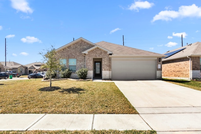 ranch-style house featuring concrete driveway, roof with shingles, an attached garage, a front lawn, and brick siding