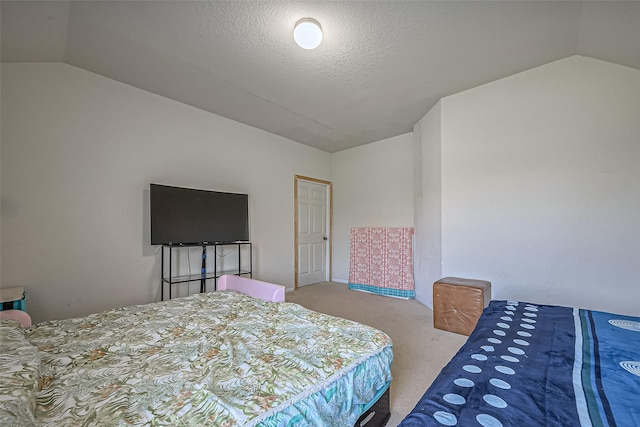 bedroom with lofted ceiling, a textured ceiling, and carpet