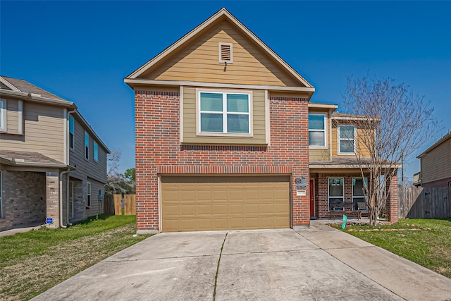 traditional-style house featuring a garage, concrete driveway, brick siding, and fence