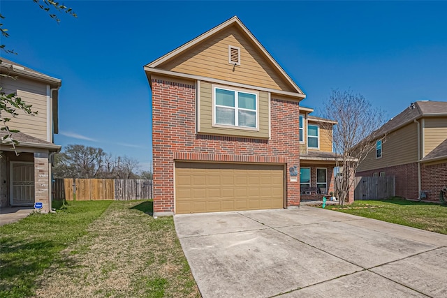 traditional-style home featuring a front yard, brick siding, driveway, and fence