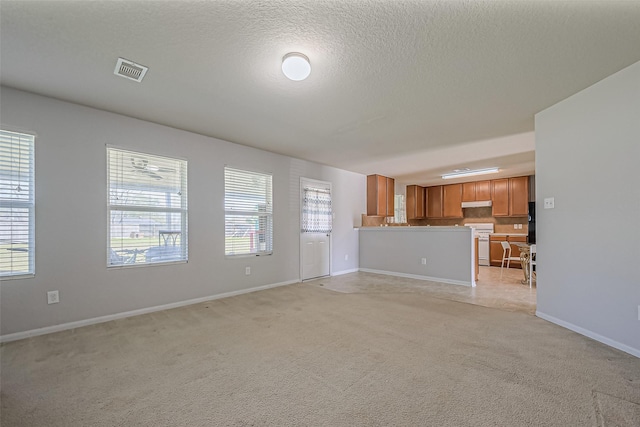 unfurnished living room with light carpet, a textured ceiling, visible vents, and a wealth of natural light